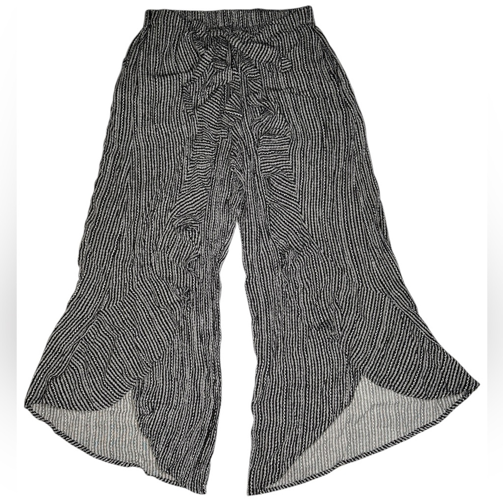 KORI AMERICA Fly Away Wide Leg Ruffle Draw String Pants Size Medium Striped B&W